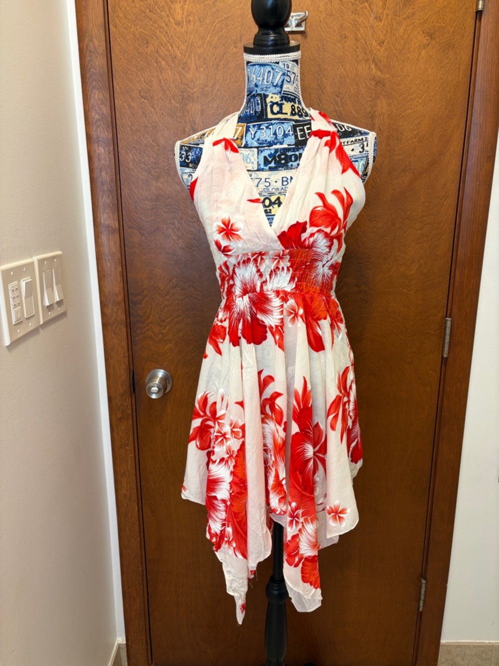 Red & White Floral cover up  Halter Dress size small